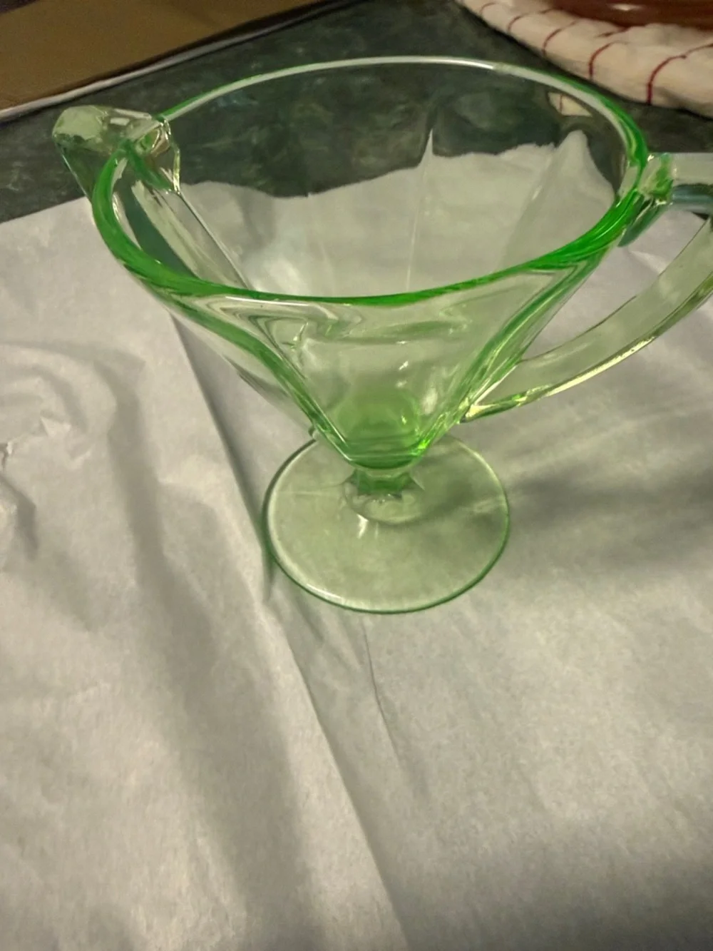 Vintage Double Handled Green Vaseline Glass Paneled Sherbet Dish 4.13